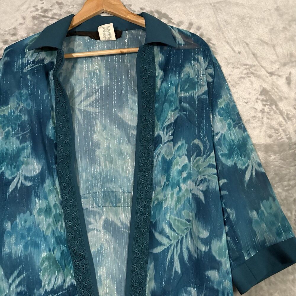 Vintage R&M Richards Sheer Floral Jacket Lurex Metallic Teal Blue Whimsigoth 10